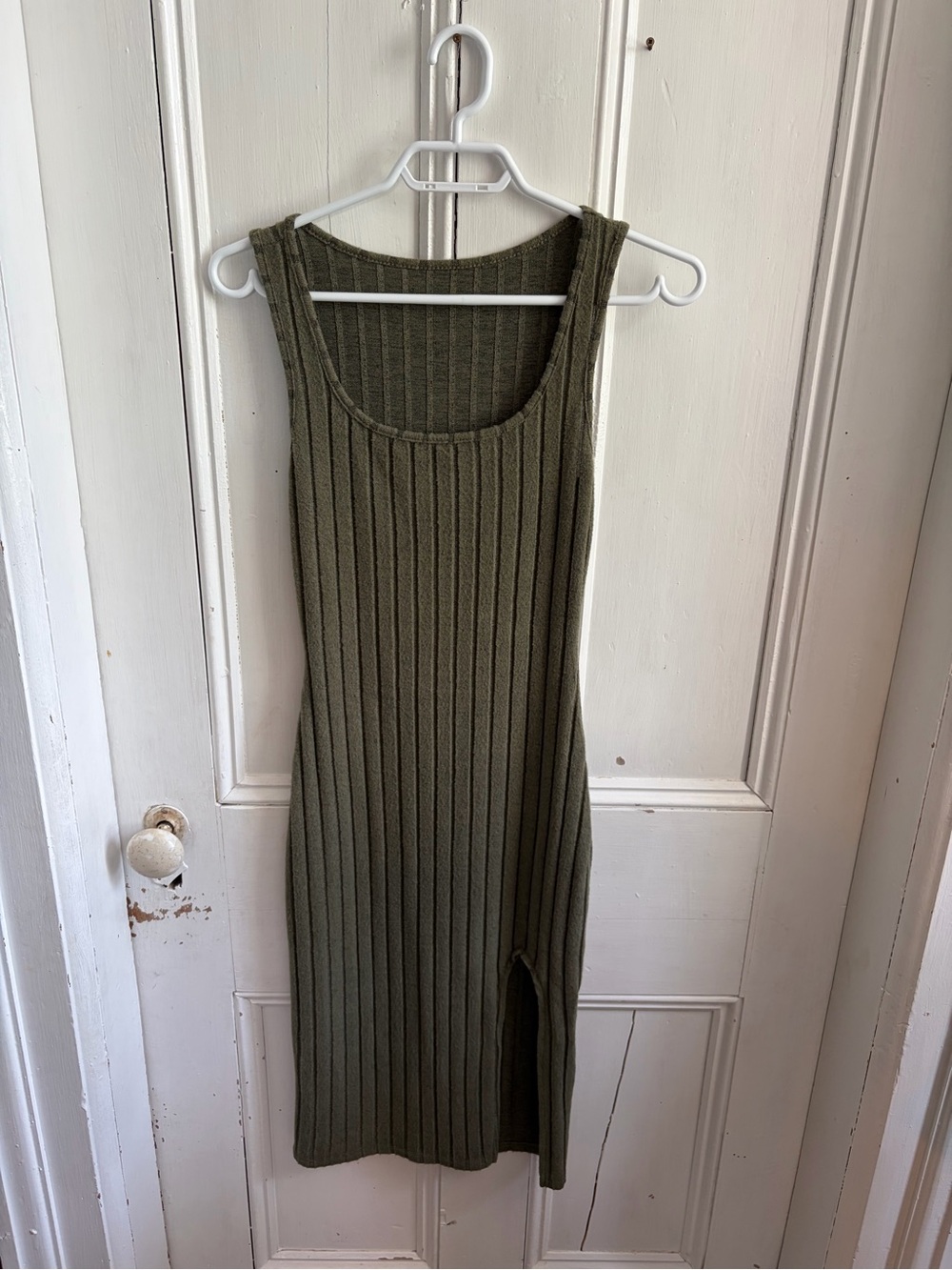Ribbed Olive Green Tank Midi Dress with Side Slit
